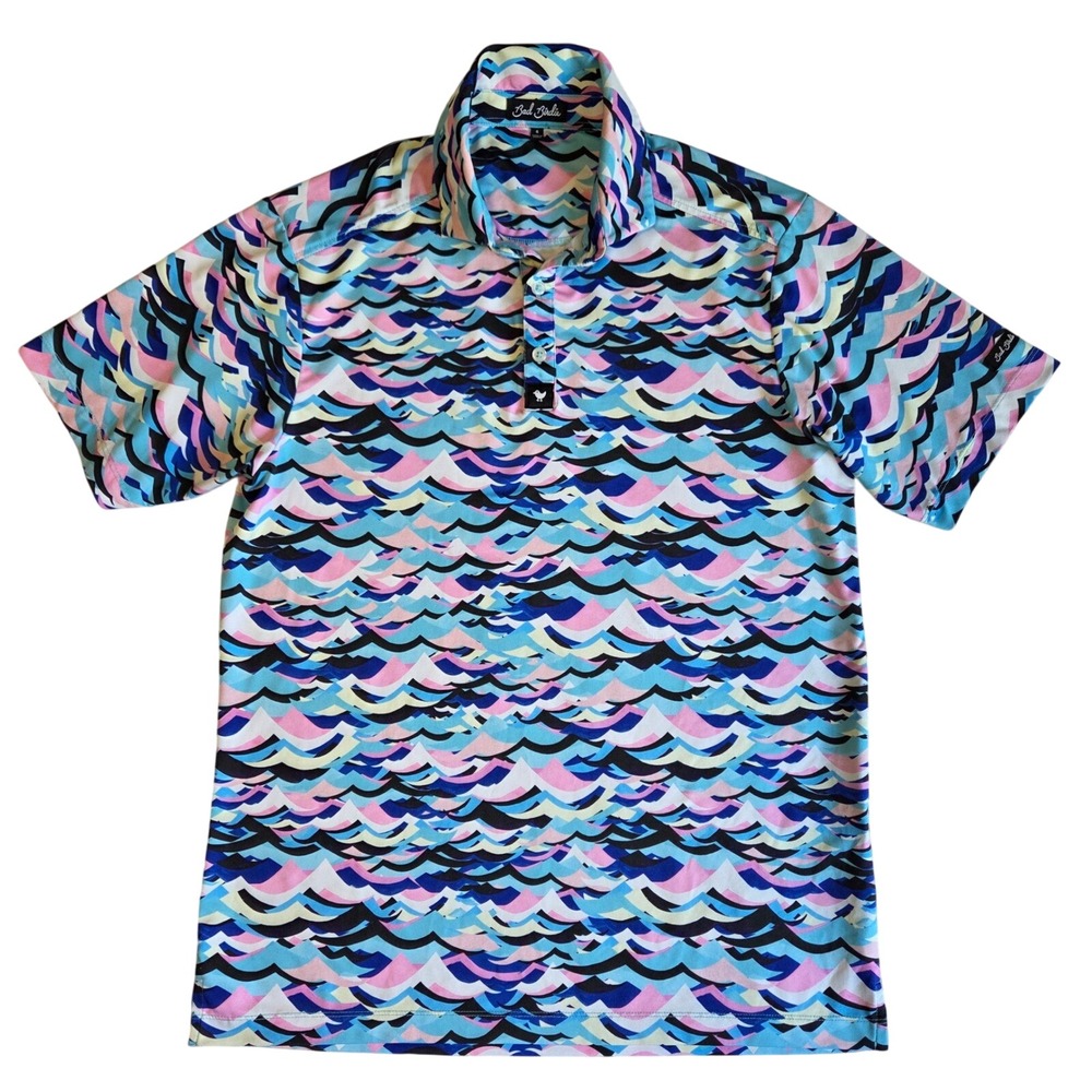 Bad Birdie Polo Shirt Mens Small Blue Pink Wave Print Golf Performance Stretch